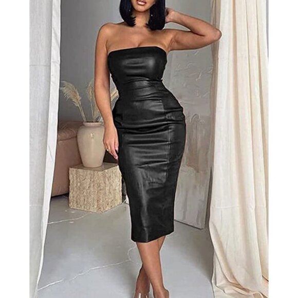 Sexy Black Leather Strapless Tube Top Bodycon Mini Bustier Pencil Midi Dress‎ - Picture 4 of 10